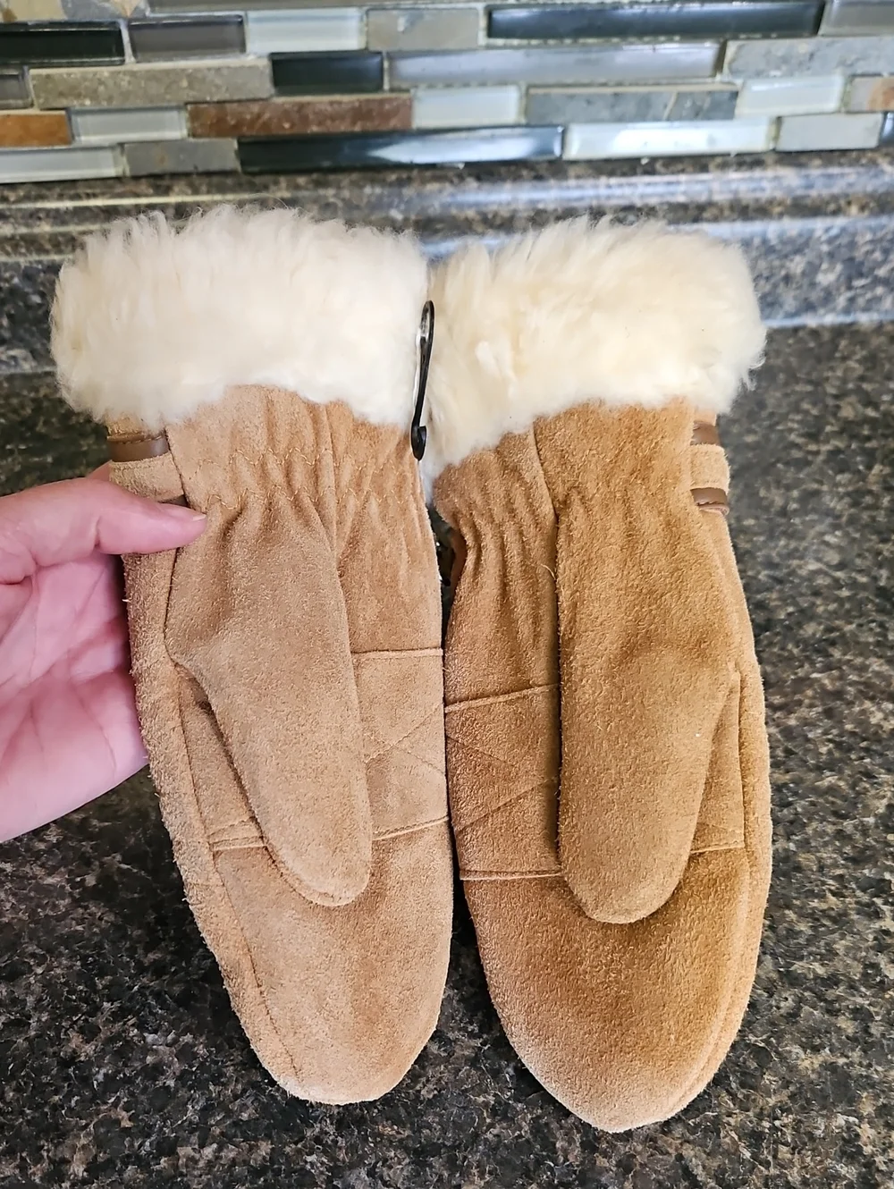 Genuine Leather Suede Fur Trim Mittens BNWT